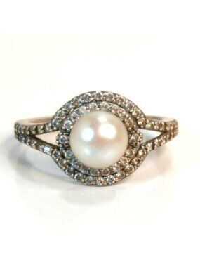 Sterling Silver Pearl CZ Halo Ring Size 10 Thailand 925 Vintage Style